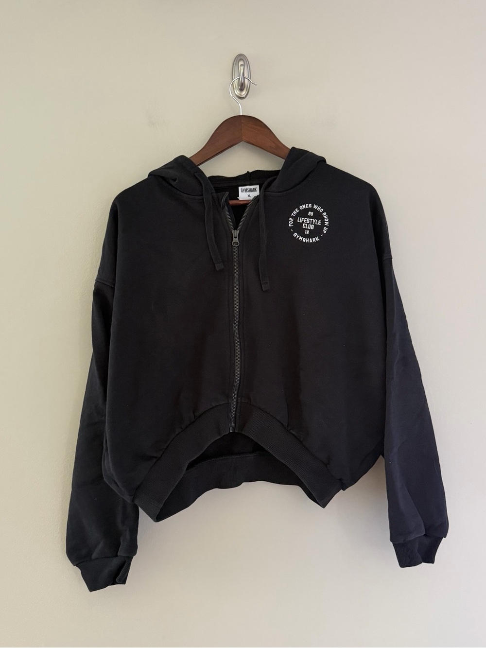 Gymshark Black Zip-Up Cropped Hoodie with White Logo